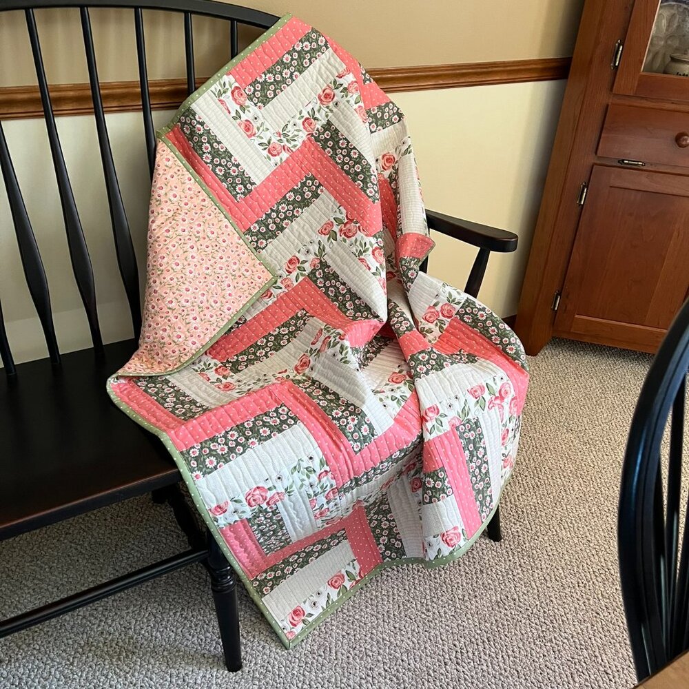 New Handcrafted Lap Quilt, Pink, Green, Tan & White  💐Perfect Mother's Day Gift
